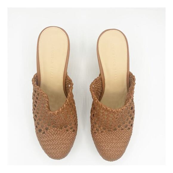 Veronica Beard Hardie Woven Leather & Wood Heeled Clogs Cognac Brown 9 - Picture 4 of 9